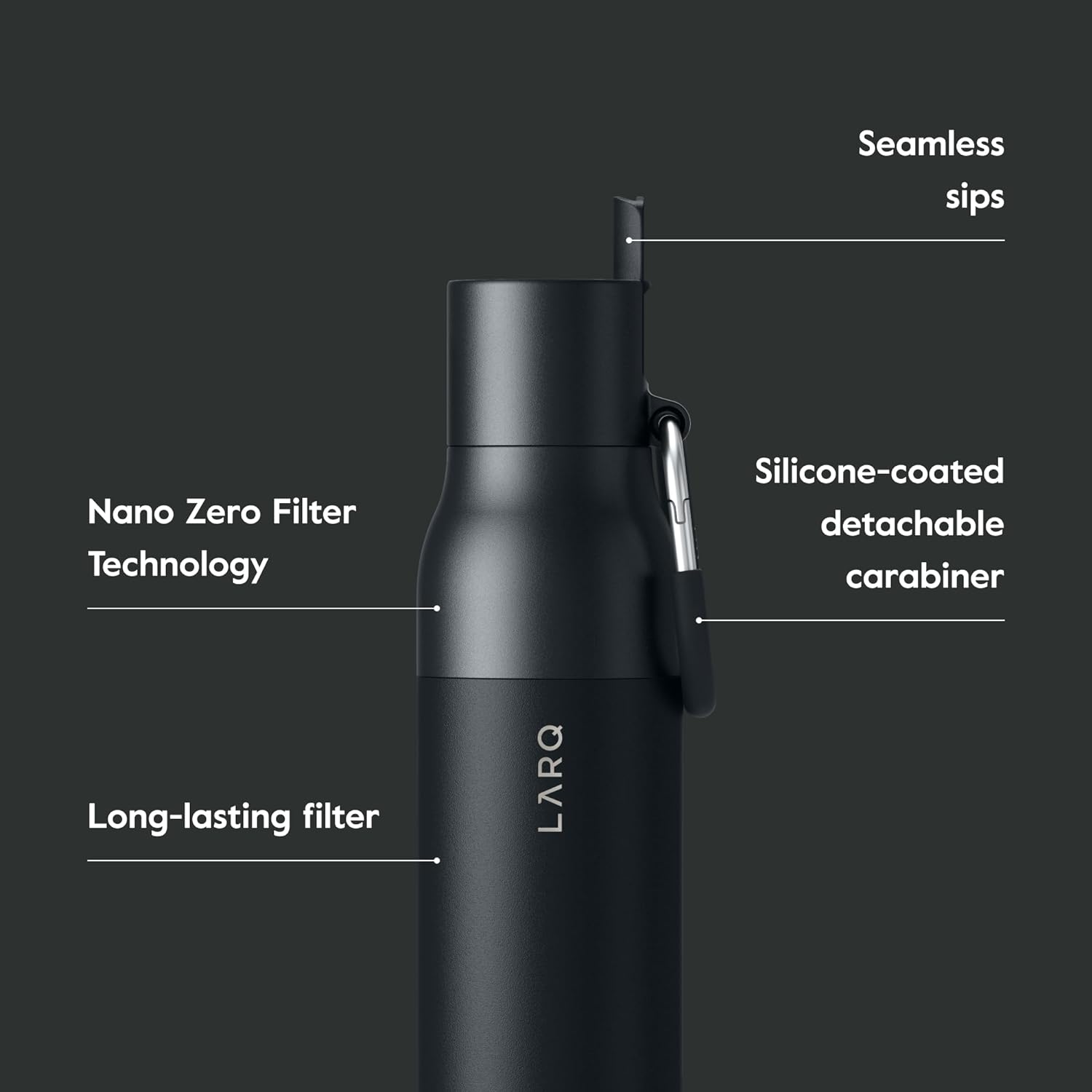 LARQ Bottle Filtered - Insulated Stainless Steel Water Bottle BPA Free with Nano Zero technology and long-lasting filters, Obsidian Black, 17oz