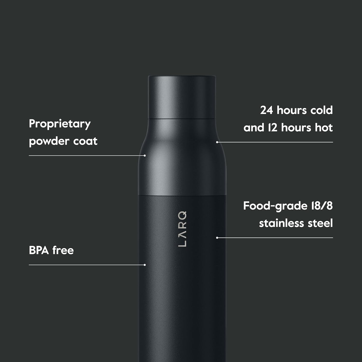 LARQ Bottle Twist Top 25 oz - Insulated Stainless Steel Water Bottle | BPA Free | Reusable Water Bottle for Camping, Office, and Travel | Keep Drinks Cold and Hot, Obsidian Black