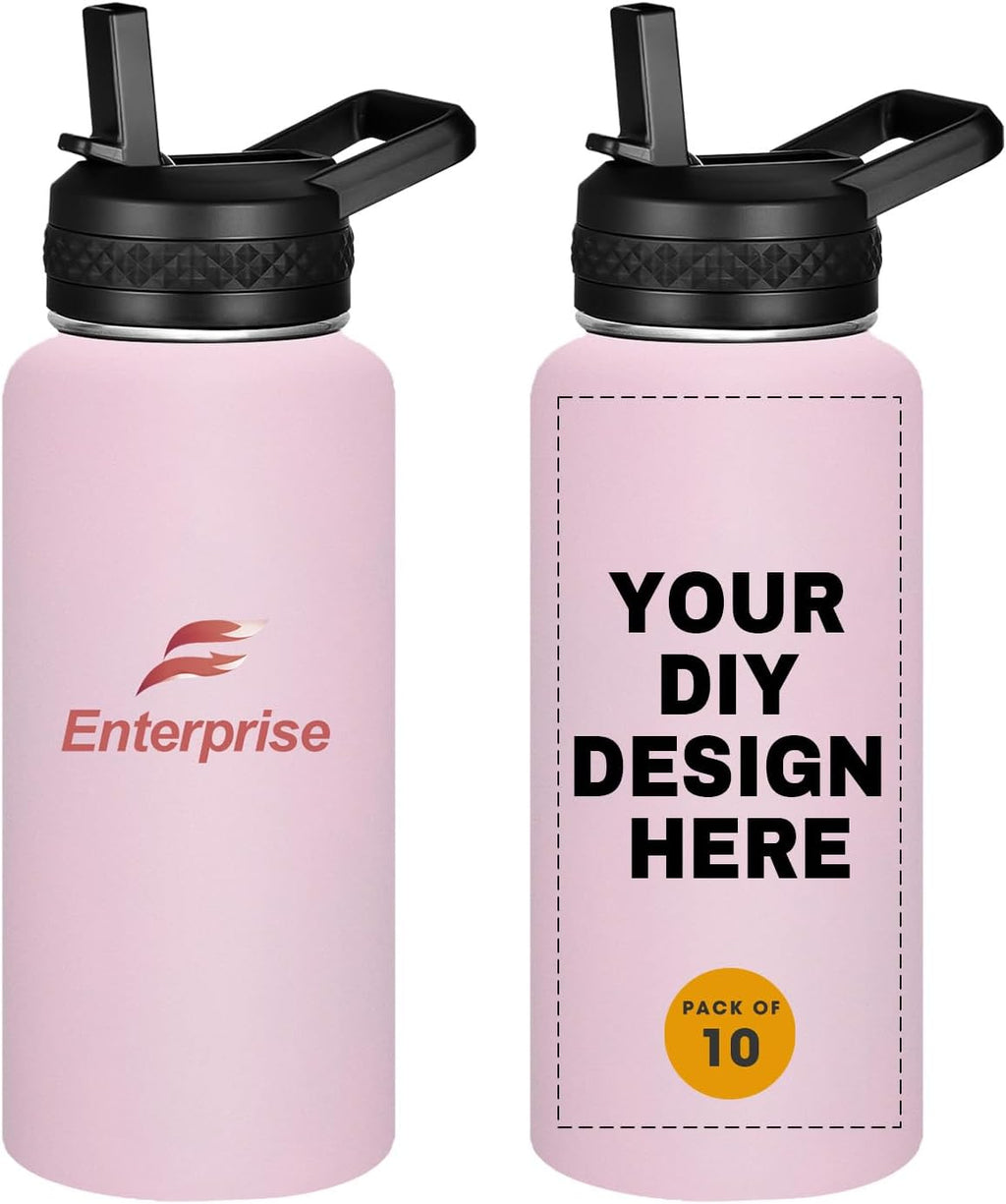 Personalized Custom Water Bottles with Text Logo Print in USA 32oz 10 Pcs Double Wall Stainless Steel Leakproof Wide Mouth Cups with Flip Straw