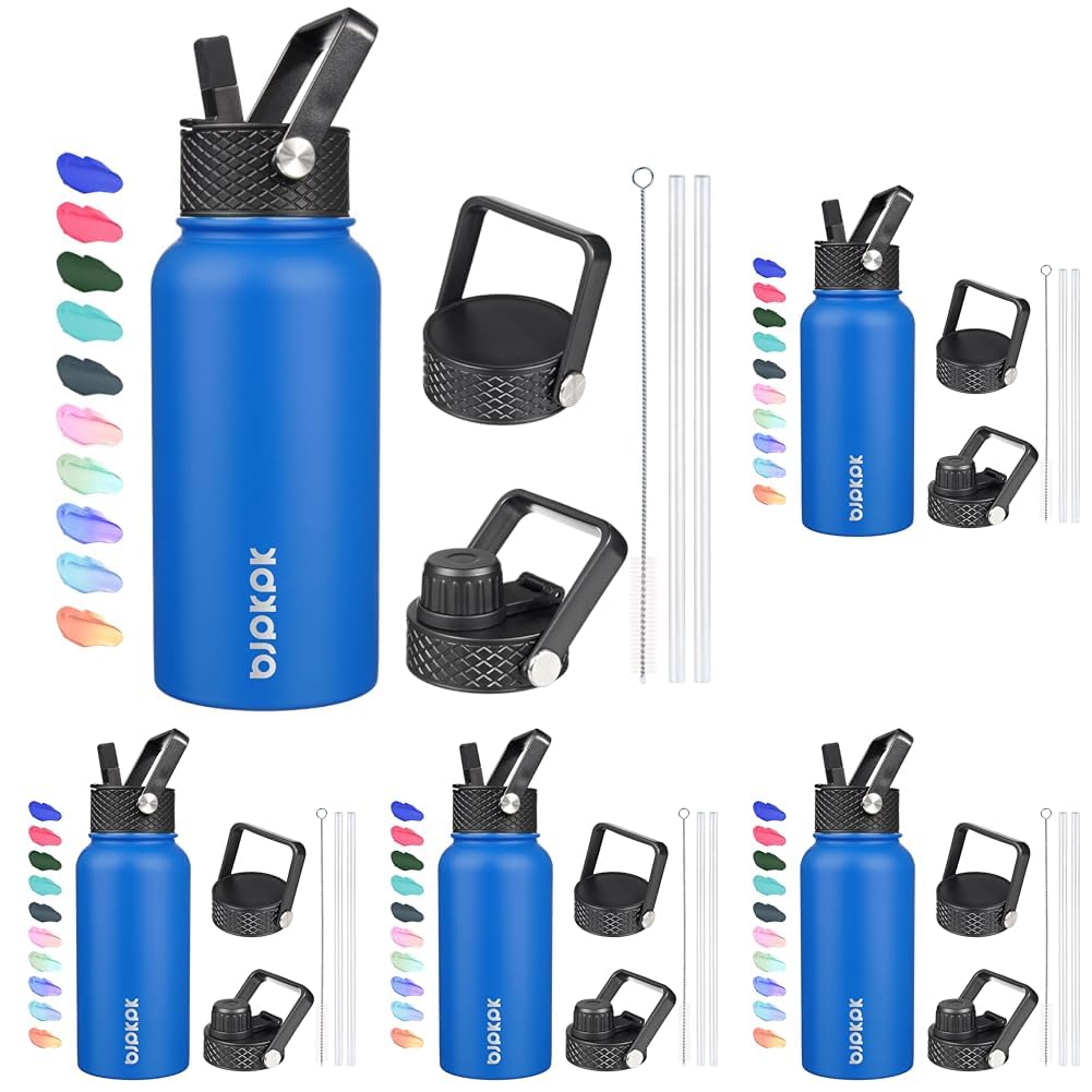 BJPKPK Insulated Water Bottles with Straw Lid, 18oz Stainless Steel Metal Water Bottle, Cold Hot Thermo with 3 Lids, Leak Proof BPA Free Travel Cup, Wide Mouth Flasks, Thermo-Ocean Dream