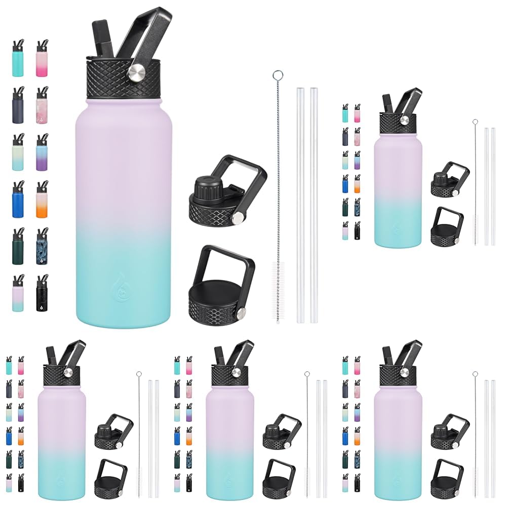 BJPKPK Insulated Water Bottles with Straw Lid, 18oz Stainless Steel Metal Water Bottle, Cold Hot Thermo with 3 Lids, Leak Proof BPA Free Travel Cup, Wide Mouth Flasks, Thermo-Ocean Dream