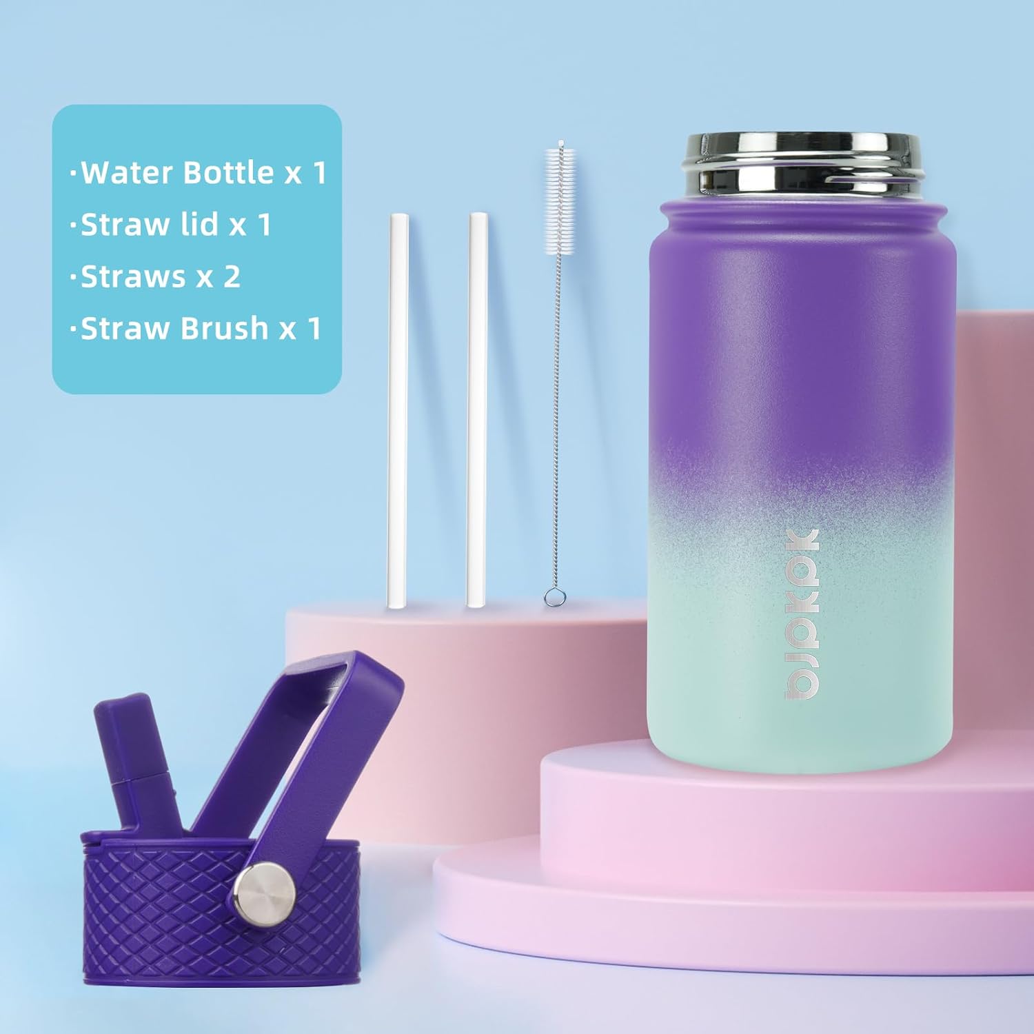 BJPKPK Insulated Water Bottle with Straw Lid, 15 oz Stainless Steel Metal Water Bottles, Reusable Leak Proof BPA Free Thermo, Flask, Cups - Lavender