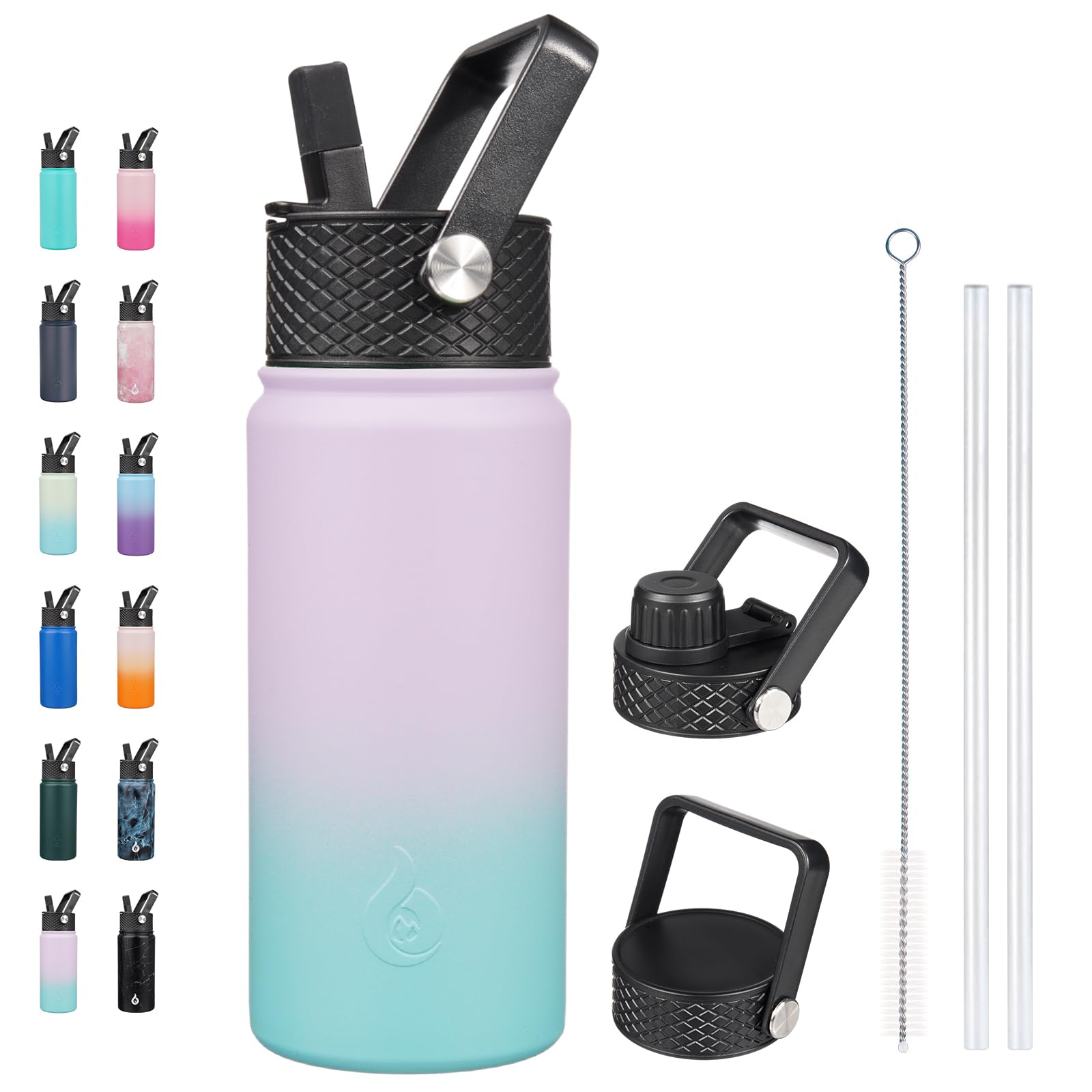 BJPKPK Insulated Water Bottles with Straw Lid, 18oz Stainless Steel Metal Water Bottle, Cold Hot Thermo with 3 Lids, Leak Proof BPA Free Travel Cup, Wide Mouth Flasks, Thermo-Ocean Dream