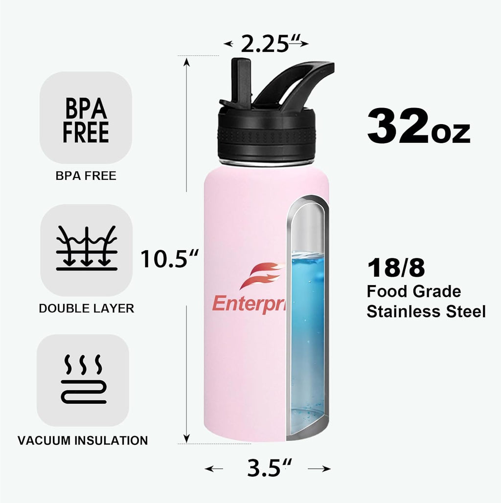 Personalized Custom Water Bottles with Text Logo Print in USA 32oz 10 Pcs Double Wall Stainless Steel Leakproof Wide Mouth Cups with Flip Straw
