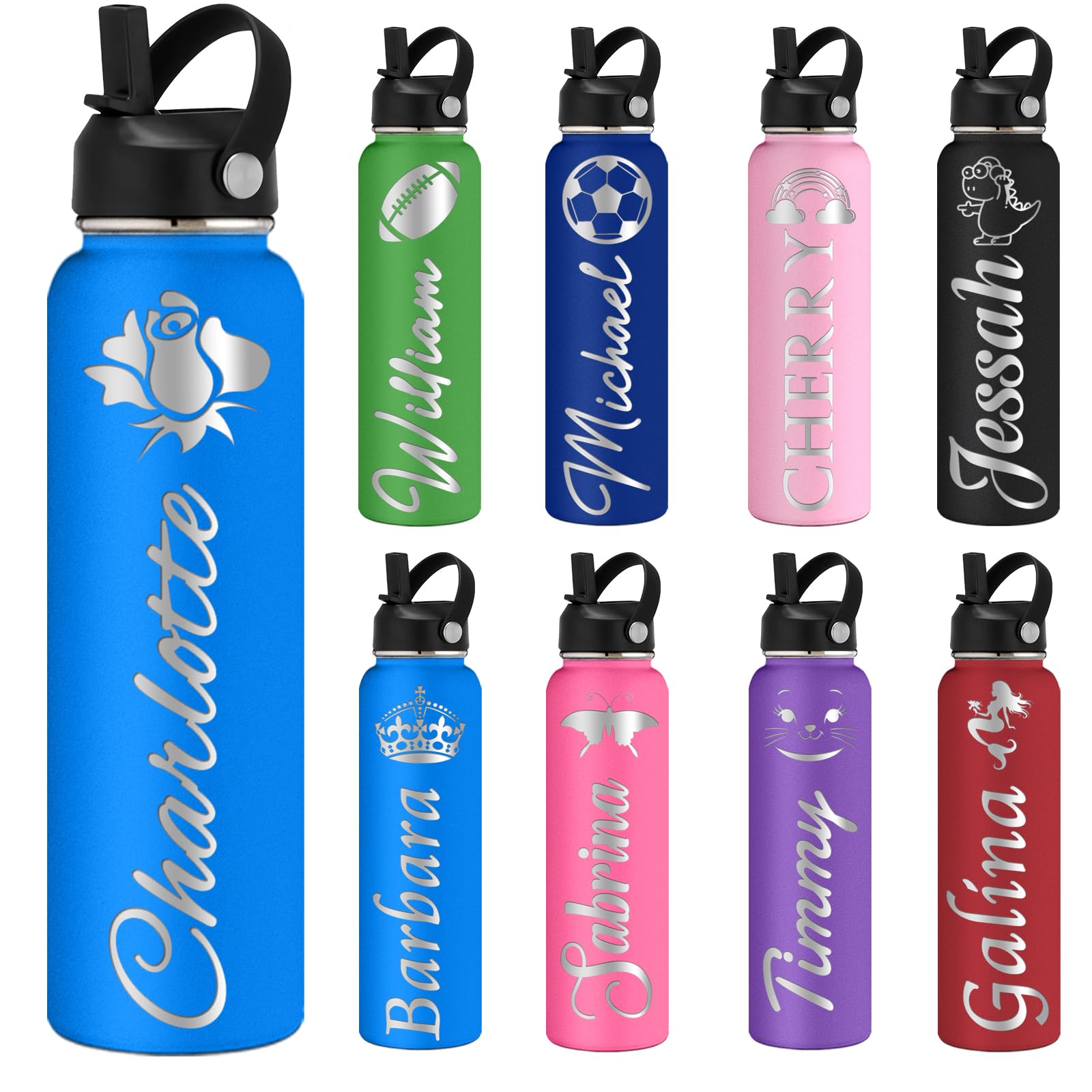 Custom Water Bottles Personalized with Straw Lid 12/18/24/32/40 oz Customized Stainless Steel Water Bottle with Engraved Names Double Wall Insulated for School Sports