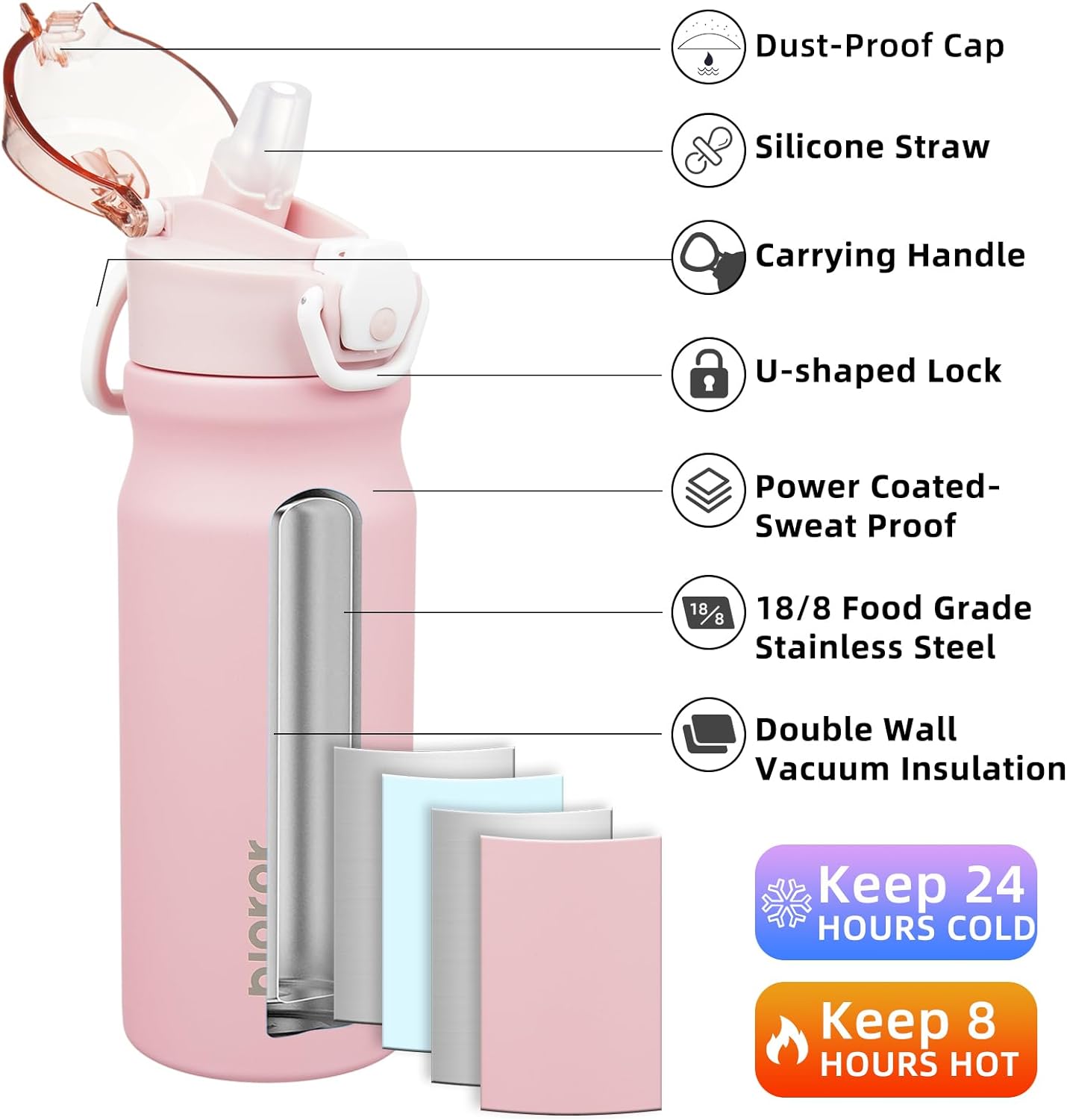 BJPKPK Water Bottle with Straw 18oz Insulated Water Bottles Reusable Stainless Steel Metal Thermal Flask with Leak Proof Lockable Lid and Carry Handle,Light Pink