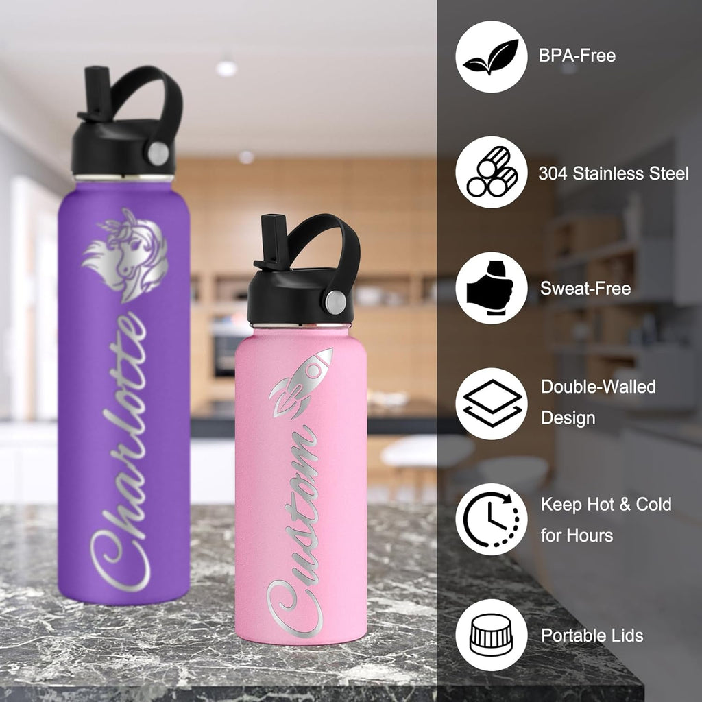 Custom Water Bottles Personalized with Straw Lid 12/18/24/32/40 oz Customized Stainless Steel Water Bottle with Engraved Names Double Wall Insulated for School Sports