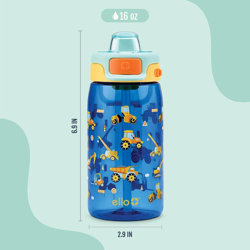 Ello Pop & Fill 16oz Tritan Plastic Kids Water Bottle with Quick Fill Lid | BPA Free Reusable Bottle with Leak Proof Straw and Chug Lid, Dishwasher Safe, Gift For Kids, Construction
