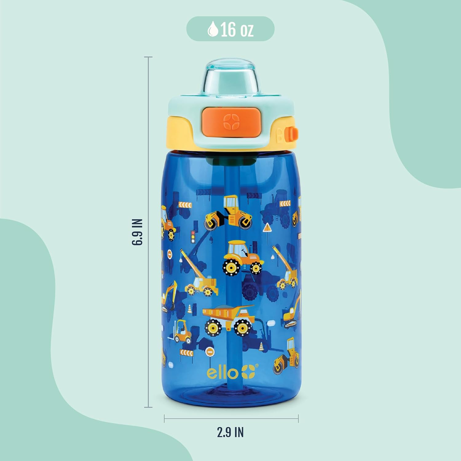Ello Pop & Fill 16oz Tritan Plastic Kids Water Bottle with Quick Fill Lid | BPA Free Reusable Bottle with Leak Proof Straw and Chug Lid, Dishwasher Safe, Gift For Kids, Construction