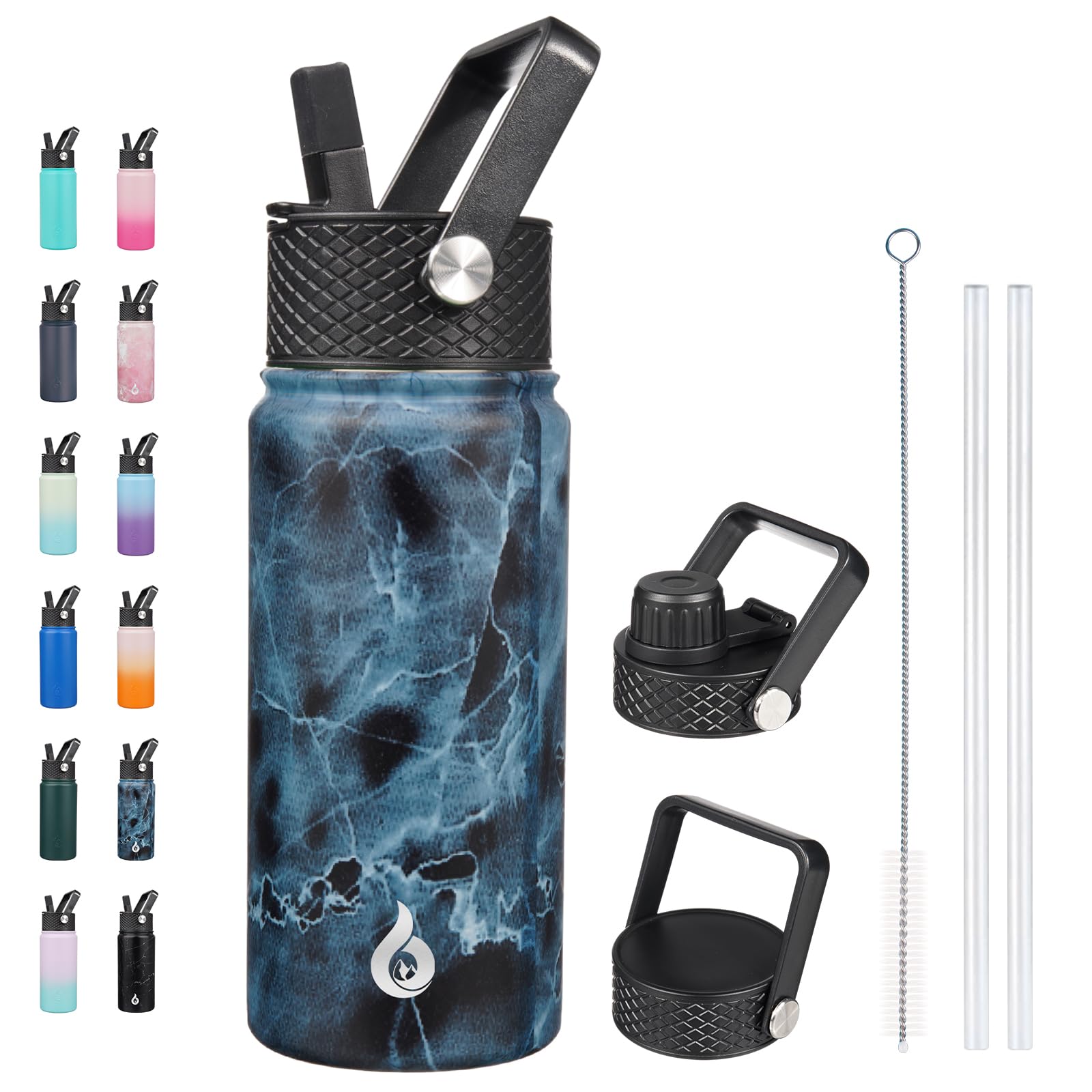 BJPKPK Insulated Water Bottles with Straw Lid, 18oz Stainless Steel Metal Water Bottle, Cold Hot Thermo with 3 Lids, Leak Proof BPA Free Travel Cup, Wide Mouth Flasks, Thermo-Ocean Dream