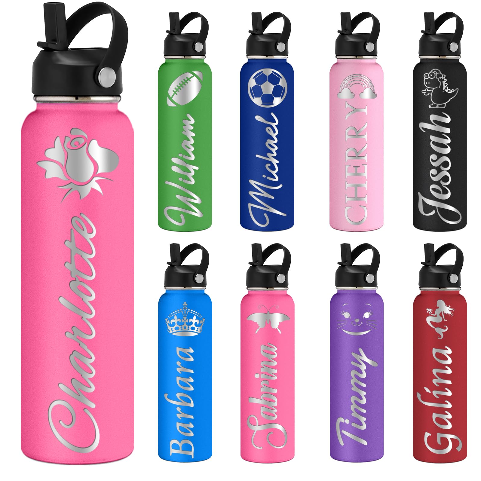 Custom Water Bottles Personalized with Straw Lid 12/18/24/32/40 oz Customized Stainless Steel Water Bottle with Engraved Names Double Wall Insulated for School Sports