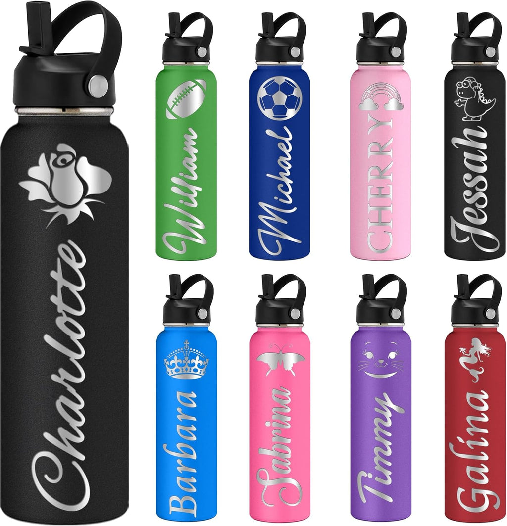 Custom Water Bottles Personalized with Straw Lid 12/18/24/32/40 oz Customized Stainless Steel Water Bottle with Engraved Names Double Wall Insulated for School Sports