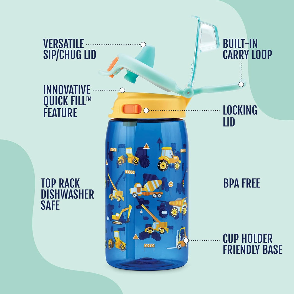 Ello Pop & Fill 16oz Tritan Plastic Kids Water Bottle with Quick Fill Lid | BPA Free Reusable Bottle with Leak Proof Straw and Chug Lid, Dishwasher Safe, Gift For Kids, Construction