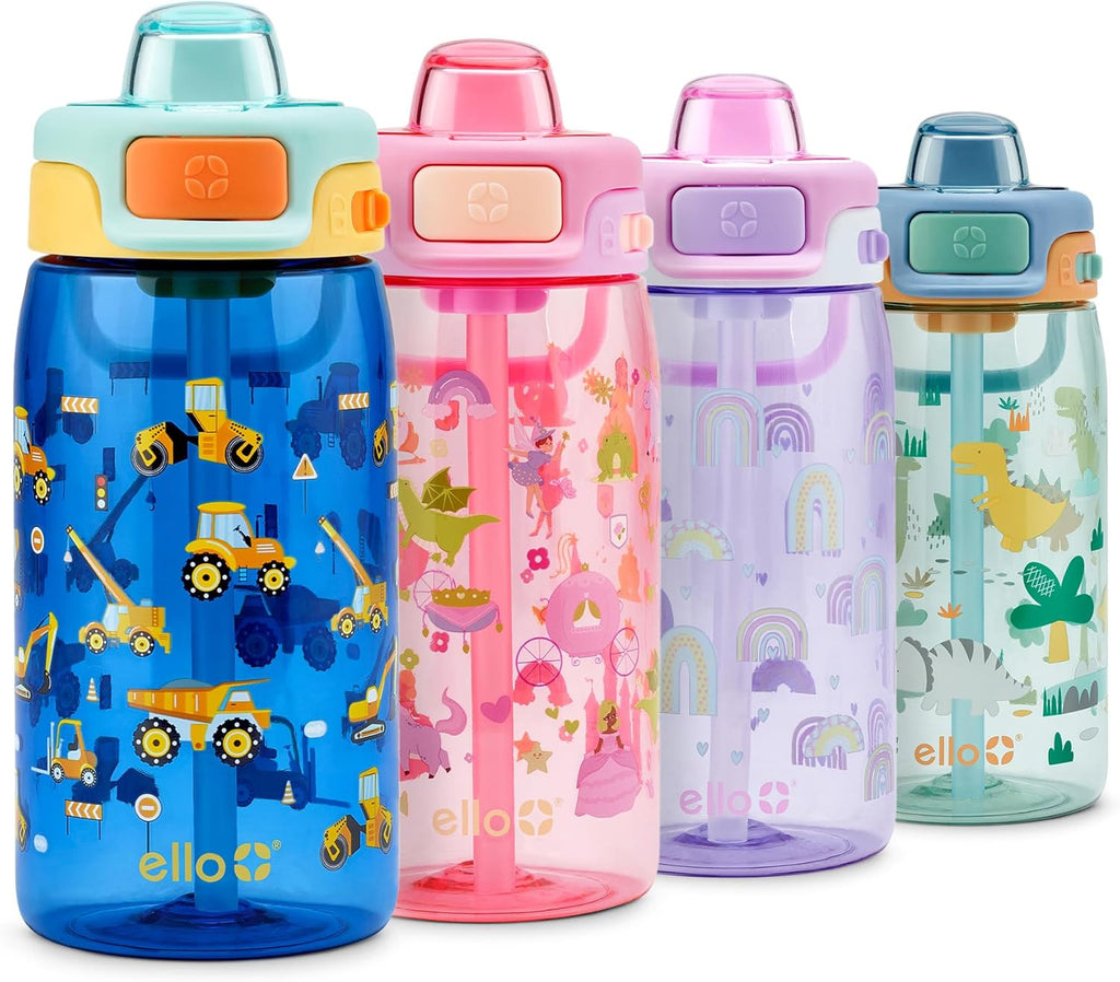 Ello Pop & Fill 16oz Tritan Plastic Kids Water Bottle with Quick Fill Lid | BPA Free Reusable Bottle with Leak Proof Straw and Chug Lid, Dishwasher Safe, Gift For Kids, Construction