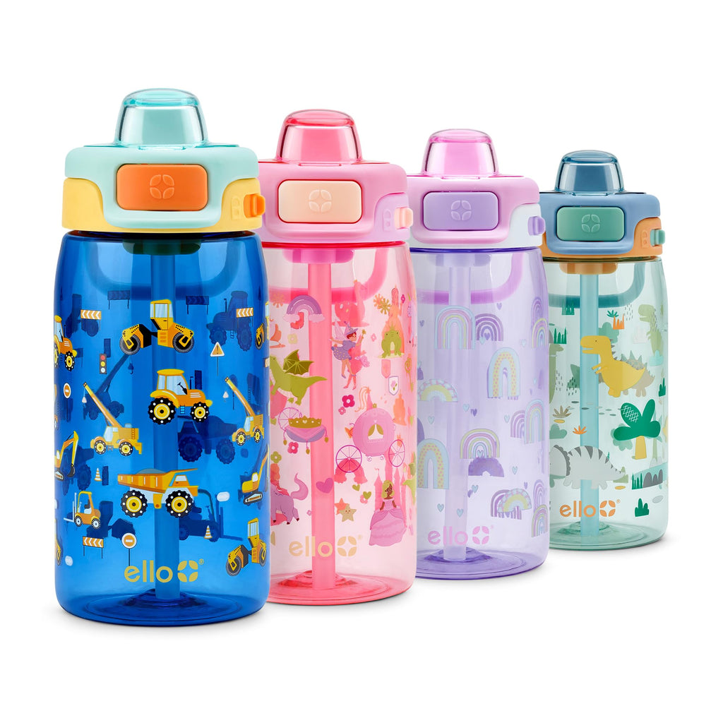 Ello Pop & Fill 16oz Tritan Plastic Kids Water Bottle with Quick Fill Lid | BPA Free Reusable Bottle with Leak Proof Straw and Chug Lid, Dishwasher Safe, Gift For Kids, Construction