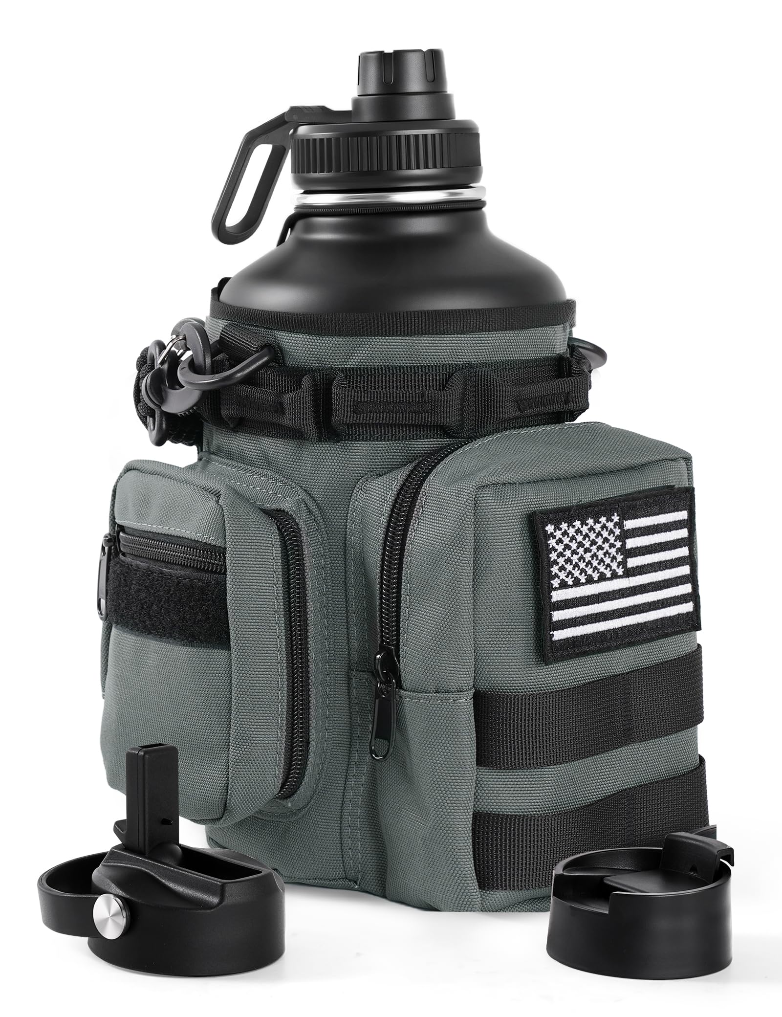 Tactical Half Gallon Water Bottle with Straw, 64 Oz Insulated Water Jug with Molle Water Bottle Holder, Stainless Steel Sport Bottle with 3 BPA Free Lids for Gym Workout Hiking (Black)