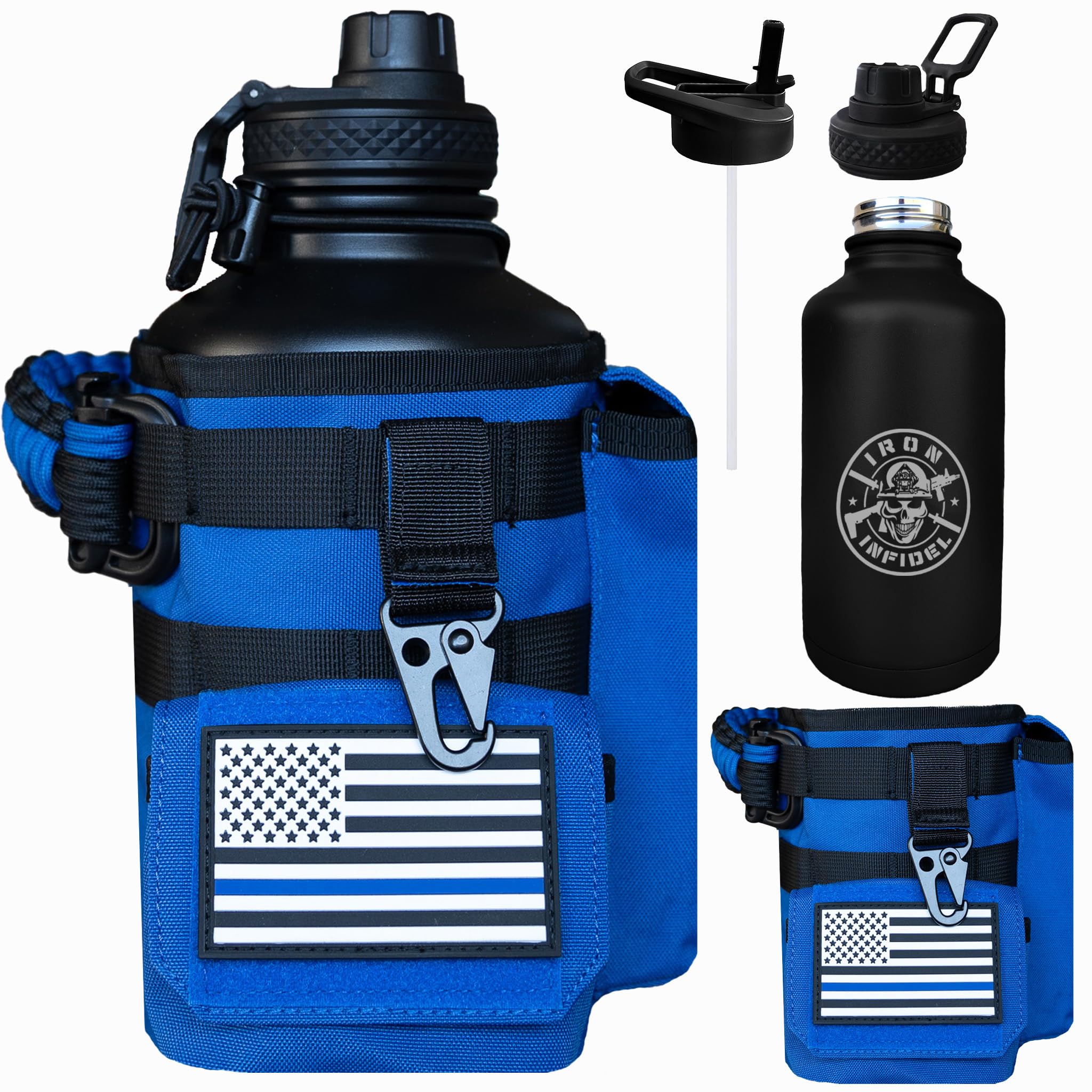 Iron Infidel Battle Bottle - One Gallon Insulated Water Bottle with Dual Carry Handles - 128 oz Tactical Stainless Steel Water Jug & Rugged Extra Large Sleeve With Storage (Betsy 128 Ounces)